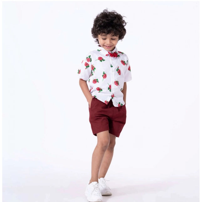 Boy's Cotton Blend Printed Short Sleeve Shirt and Shorts Set (White)