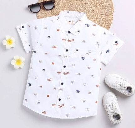 Boy's Cotton Blend Printed Short Sleeve Shirt (White)