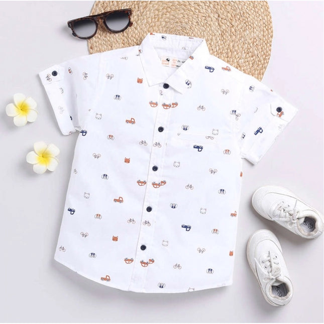Boy's Cotton Blend Printed Short Sleeve Shirt (White)