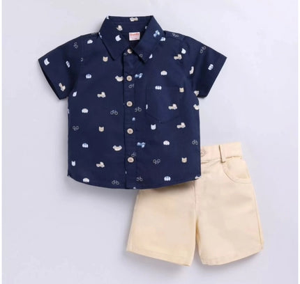 Boy's Cotton Blend Printed Short Sleeve Shirt and Shorts Set (Navy Blue)