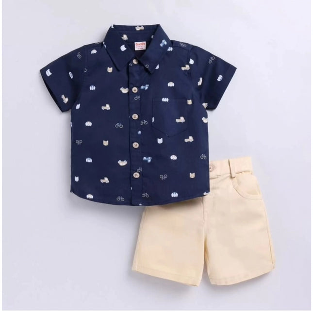 Boy's Cotton Blend Printed Short Sleeve Shirt and Shorts Set (Navy Blue)