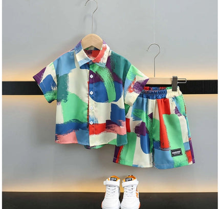 Boy's Lycra Blend Printed Short Sleeve Shirt and Shorts Set (MultiColor)