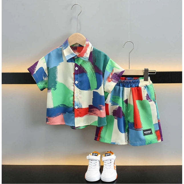 Boy's Lycra Blend Printed Short Sleeve Shirt and Shorts Set (MultiColor)