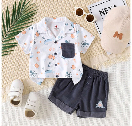 Boy's Lycra Blend Printed Short Sleeve Shirt and Shorts Set (MultiColor)