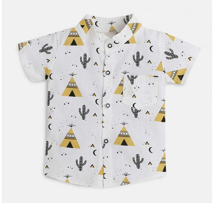 Boy's Cotton Blend Printed Short Sleeve Shirt and Shorts Set (White)
