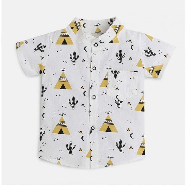 Boy's Cotton Blend Printed Short Sleeve Shirt and Shorts Set (White)