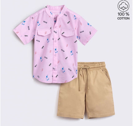Boy's Cotton Blend Printed Short Sleeve Shirt and Shorts Set (Pink)