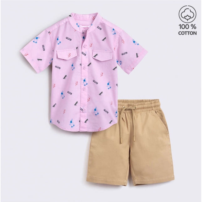 Boy's Cotton Blend Printed Short Sleeve Shirt and Shorts Set (Pink)