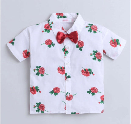 Boy's Cotton Blend Printed Short Sleeve Shirt and Shorts Set (White)