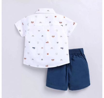 Boy's Cotton Blend Printed Short Sleeve Shirt and Shorts Set (White)
