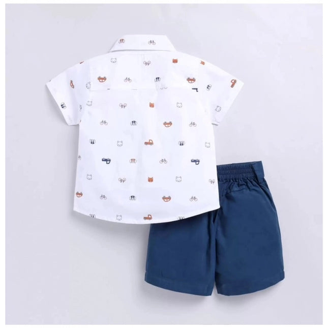Boy's Cotton Blend Printed Short Sleeve Shirt and Shorts Set (White)