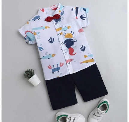 Boy's Cotton Blend Printed Short Sleeve Shirt and Shorts Set (White)