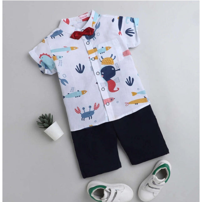 Boy's Cotton Blend Printed Short Sleeve Shirt and Shorts Set (White)