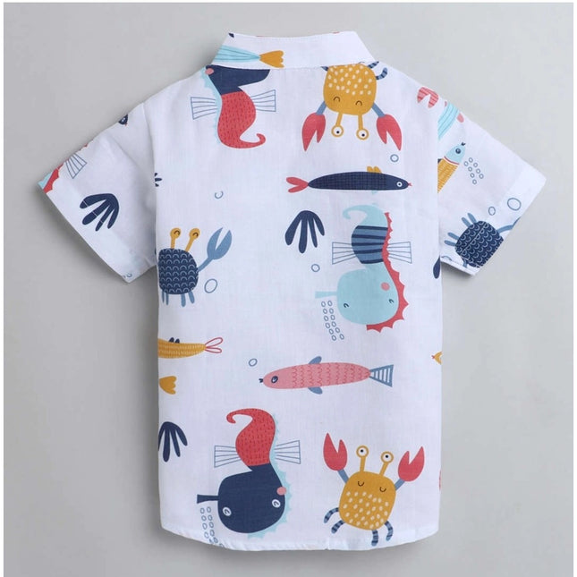 Boy's Cotton Blend Printed Short Sleeve Shirt and Shorts Set (White)