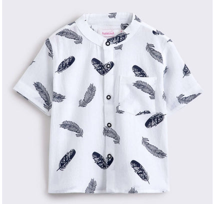 Boy's Cotton Blend Printed Short Sleeve Shirt and Shorts Set (White)