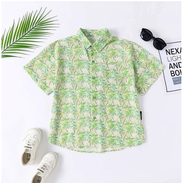 Boy's Cotton Blend Printed Short  Sleeve Shirt (Green)