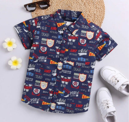 Boy's Cotton Blend Printed Short Sleeve Shirt (Navy Blue)