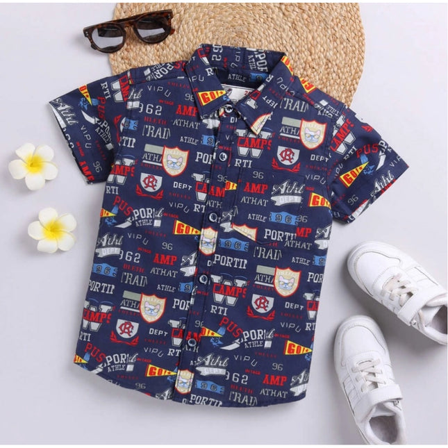Boy's Cotton Blend Printed Short Sleeve Shirt (Navy Blue)