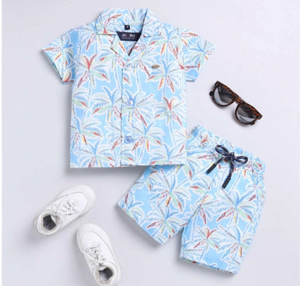Boy's Lycra Blend Printed Short Sleeve Shirt and Shorts Set (MultiColor)