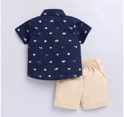 Boy's Cotton Blend Printed Short Sleeve Shirt and Shorts Set (Navy Blue)