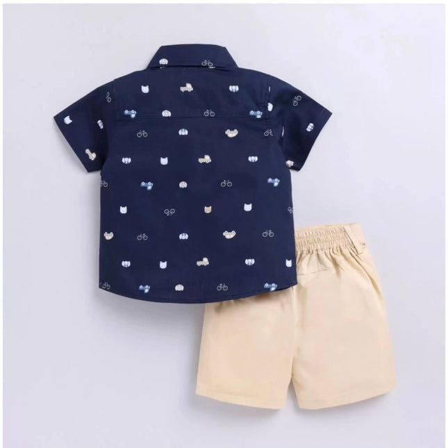 Boy's Cotton Blend Printed Short Sleeve Shirt and Shorts Set (Navy Blue)