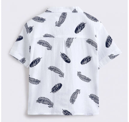 Boy's Cotton Blend Printed Short Sleeve Shirt and Shorts Set (White)