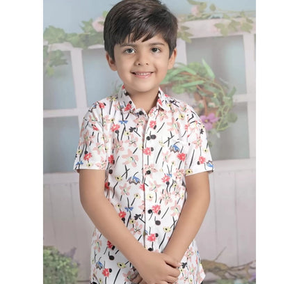 Boy's Cotton Blend Printed Short Sleeve Shirt and Shorts Set (White)