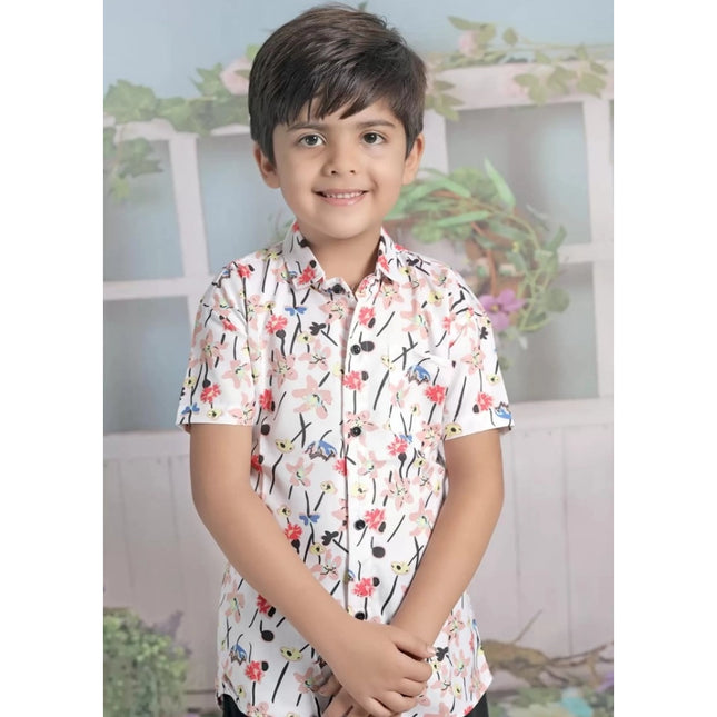 Boy's Cotton Blend Printed Short Sleeve Shirt and Shorts Set (White)