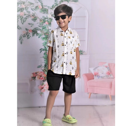 Boy's Cotton Blend Printed Short Sleeve Shirt and Shorts Set (White)