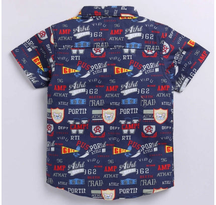 Boy's Cotton Blend Printed Short Sleeve Shirt (Navy Blue)