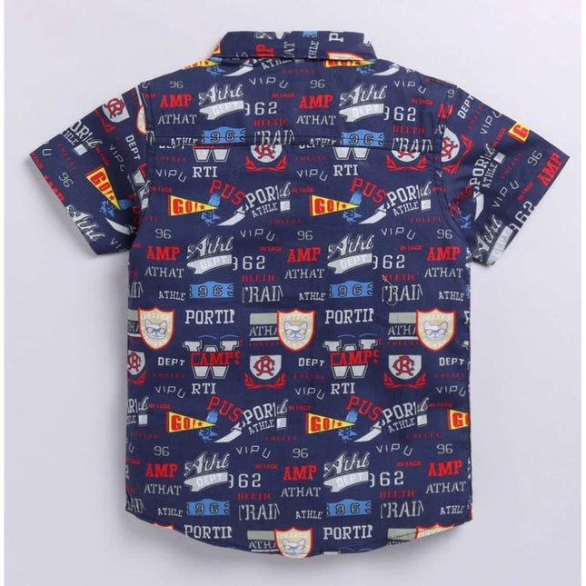 Boy's Cotton Blend Printed Short Sleeve Shirt (Navy Blue)