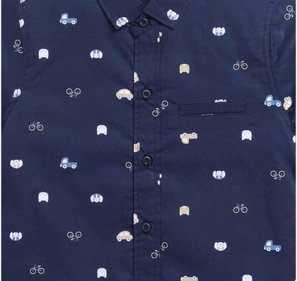 Boy's Cotton Blend Printed Short Sleeve Shirt (Navy Blue)