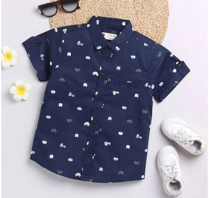 Boy's Cotton Blend Printed Short Sleeve Shirt (Navy Blue)