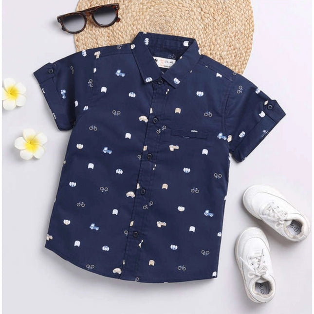Boy's Cotton Blend Printed Short Sleeve Shirt (Navy Blue)