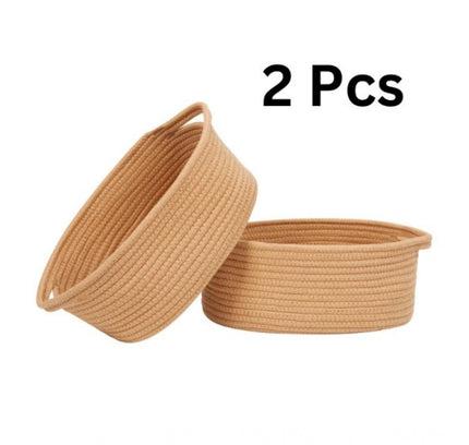 Cotton 2 Pcs Oval Basket Storage Basket For Clothes (Beige)