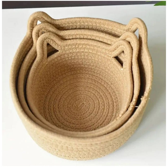 Cotton Cat Basket Pack of 3 Storage Basket For Clothes (Brown)