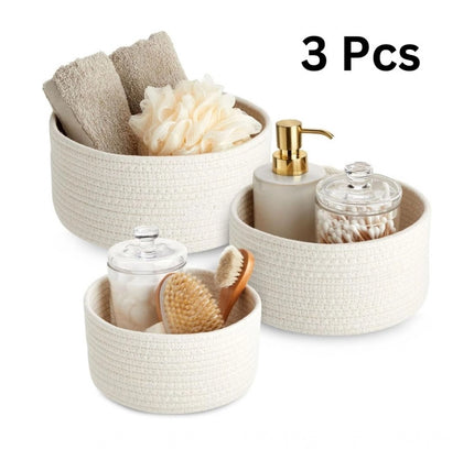 Cotton Round Basket Pack of 3 Storage Basket For Clothes (White)