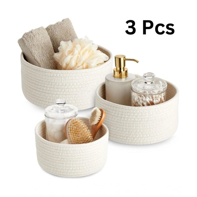 Cotton Round Basket Pack of 3 Storage Basket For Clothes (White)