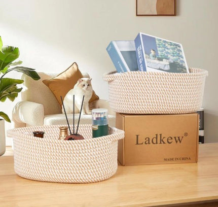 Cotton 2 Pcs Oval Basket Storage Basket For Clothes (Beige)