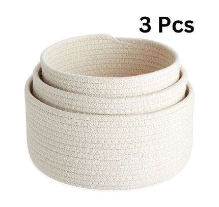 Cotton Round Basket Pack of 3 Storage Basket For Clothes (White)