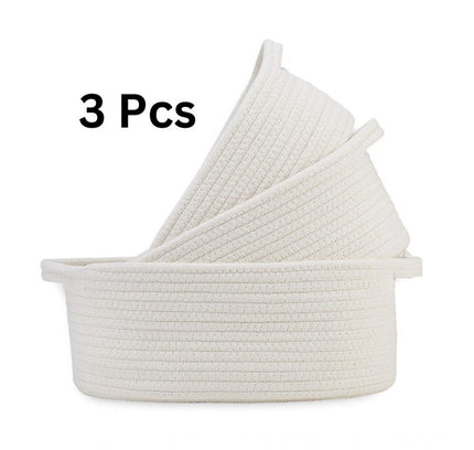 Cotton Oval Basket Pack of 3 Storage Basket For Clothes (White)