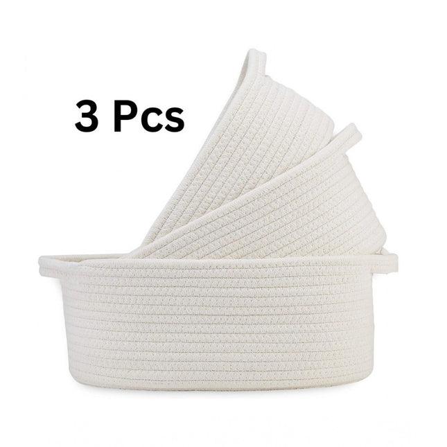 Cotton Oval Basket Pack of 3 Storage Basket For Clothes (White)