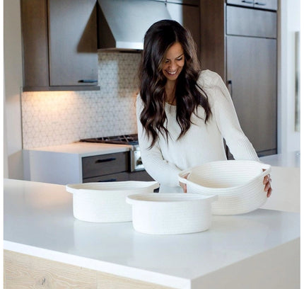 Cotton Oval Basket Pack of 3 Storage Basket For Clothes (White)