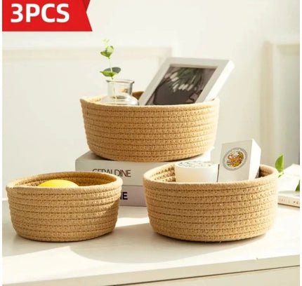 Cotton 3 Pcs Round Set Storage Basket For Clothes (Brown)