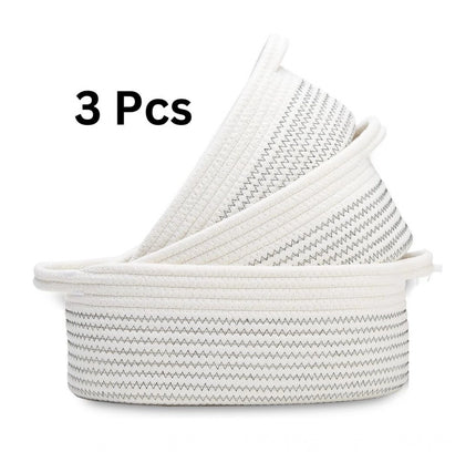 Cotton Zigzag Oval Basket Pack of 3 Storage Basket For Clothes (White)