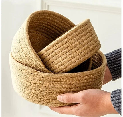 Cotton 3 Pcs Round Set Storage Basket For Clothes (Brown)