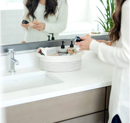 Cotton Zigzag Oval Basket Pack of 3 Storage Basket For Clothes (White)