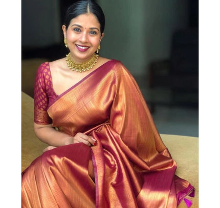 Generic Women's Silk Printed Saree With Unstitched Blouse 5.5Mtr (Maroon)