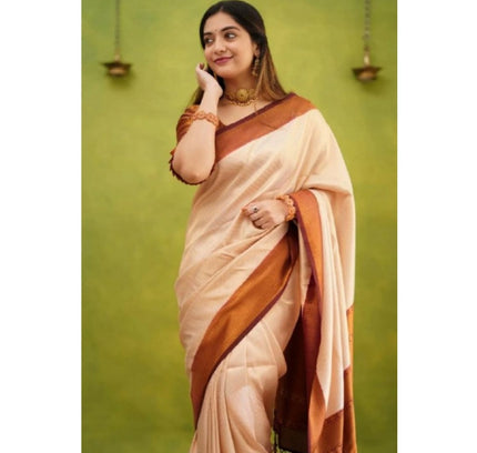 Generic Women's Silk Printed Saree With Unstitched Blouse 5.5Mtr (Cream)