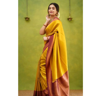 Generic Women's Silk Printed Saree With Unstitched Blouse 5.5Mtr (Yellow)